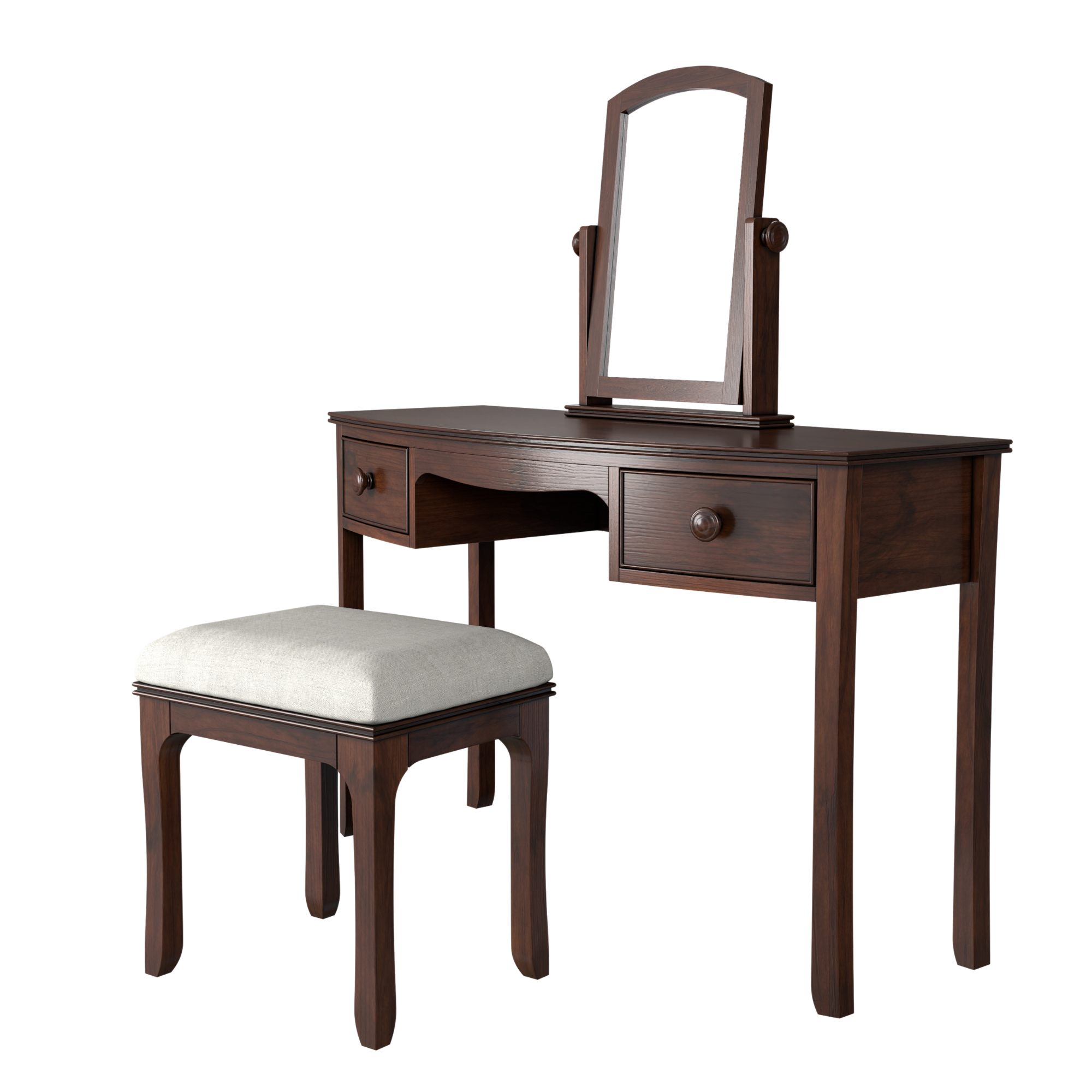 Broughton Dark Wood 2 Drawer Dressing Table, Stool & Mirror Set