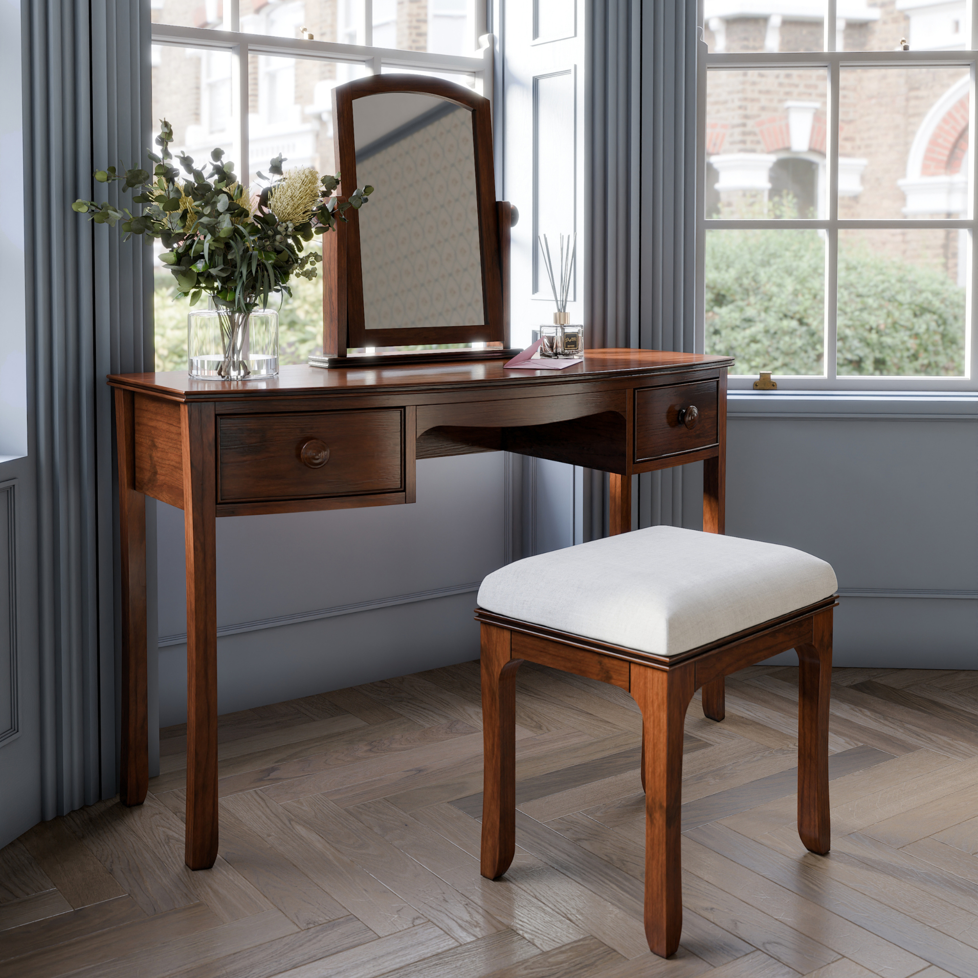 Broughton Dark Wood 2 Drawer Dressing Table, Stool & Mirror Set