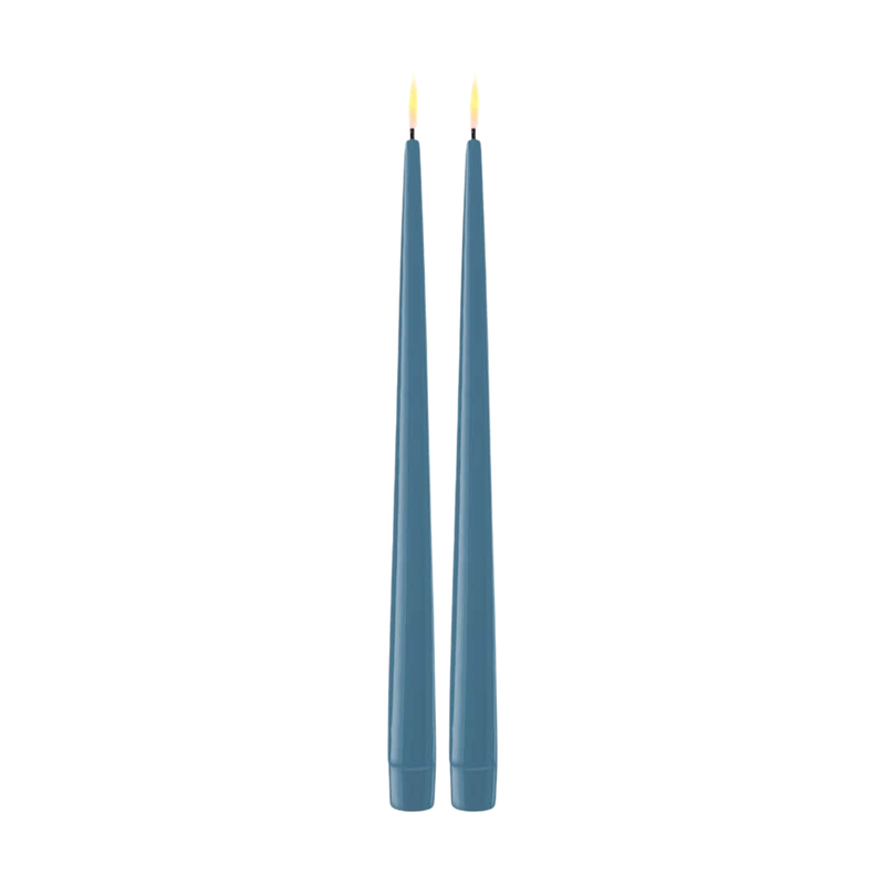 Flameless LED Ice Blue Set of 2 Shiny Tapered Dinner Candles