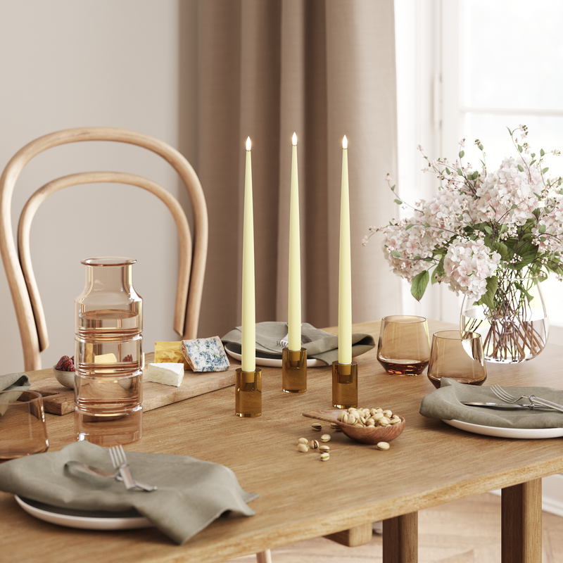 Flameless LED Light Yellow Set of 2 Shiny Tapered Dinner Candles