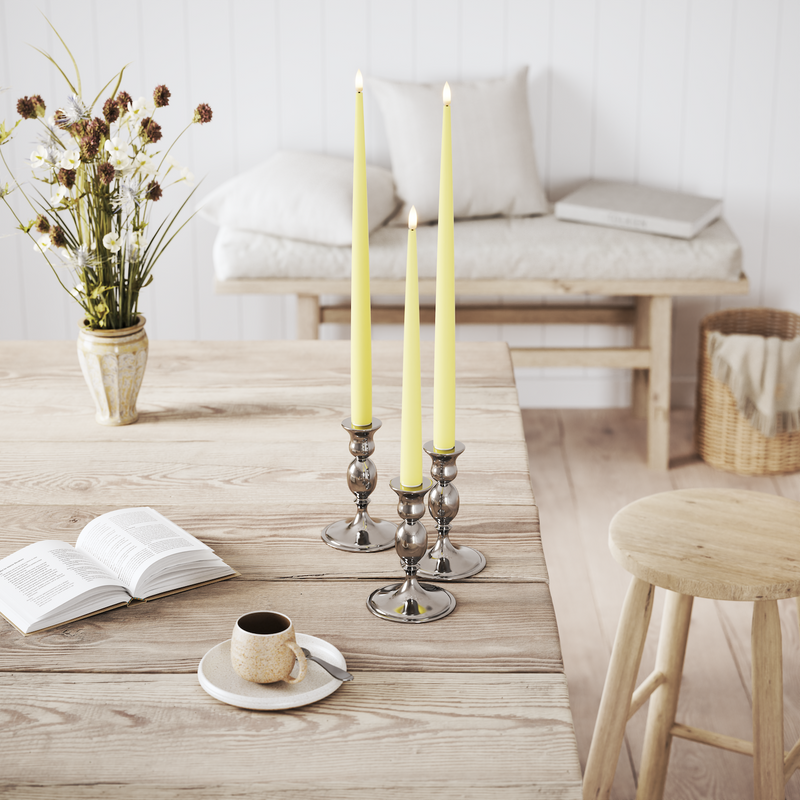 Flameless LED Light Yellow Set of 2 Shiny Tapered Dinner Candles