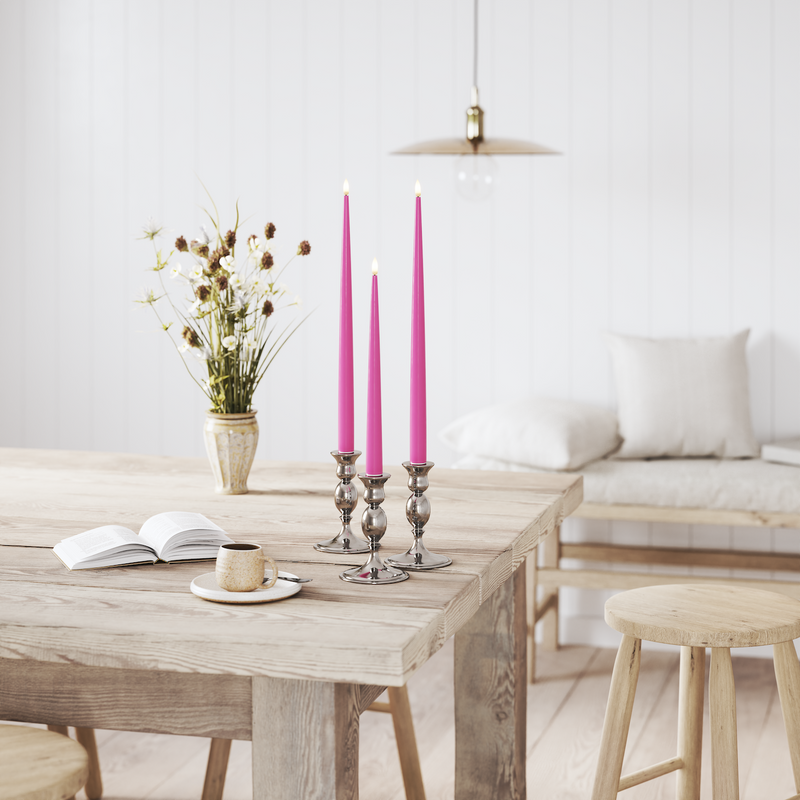 Flameless LED Magenta Set of 2 Shiny Tapered Dinner Candles