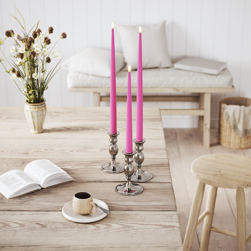 Flameless LED Magenta Set of 2 Shiny Tapered Dinner Candles