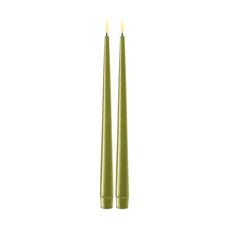 Flameless LED Olive Green Set of 2 Shiny Tapered Dinner Candles