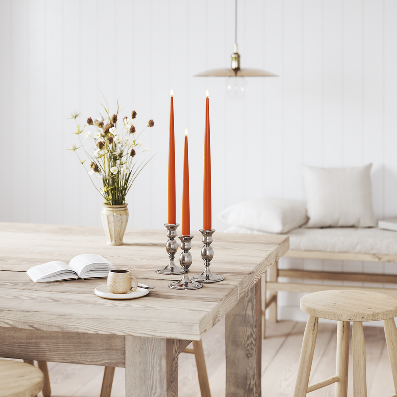 Flameless LED Orange Set of 2 Shiny Tapered Dinner Candles