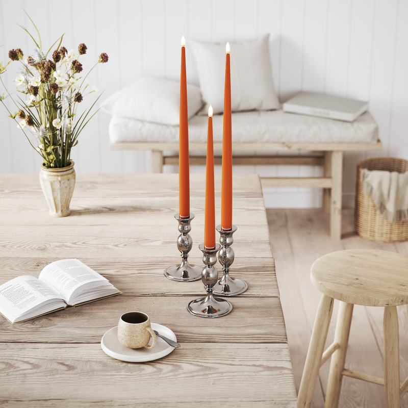 Flameless LED Orange Set of 2 Shiny Tapered Dinner Candles