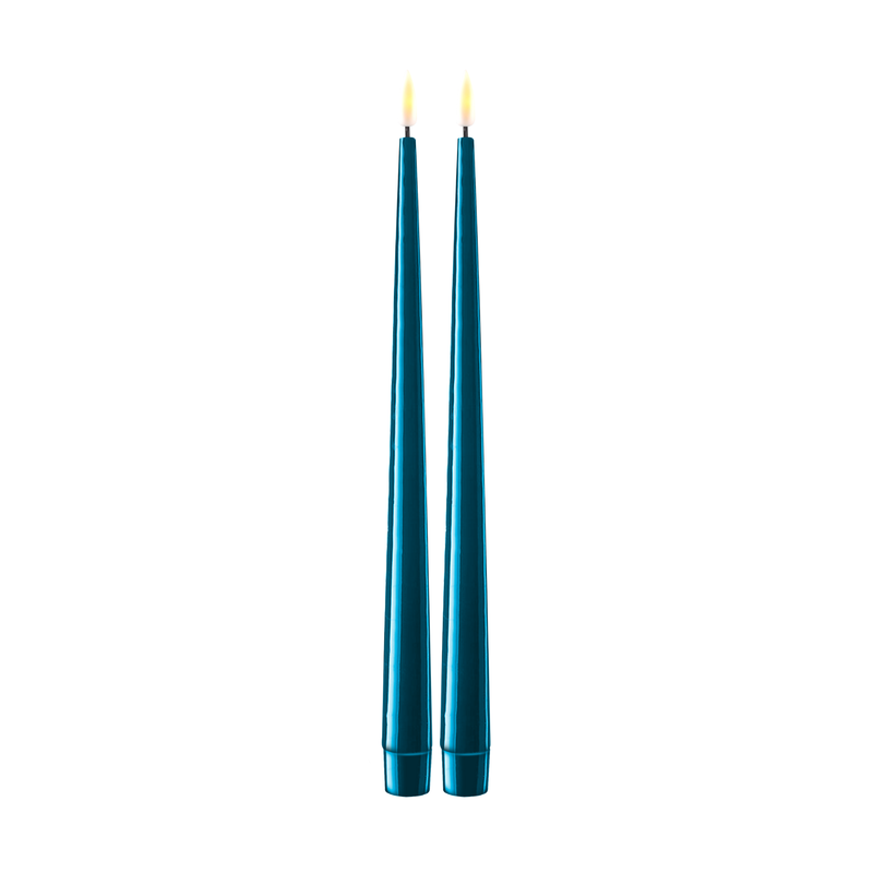 Flameless LED Petroleum Blue Set of 2 Shiny Tapered Dinner Candles