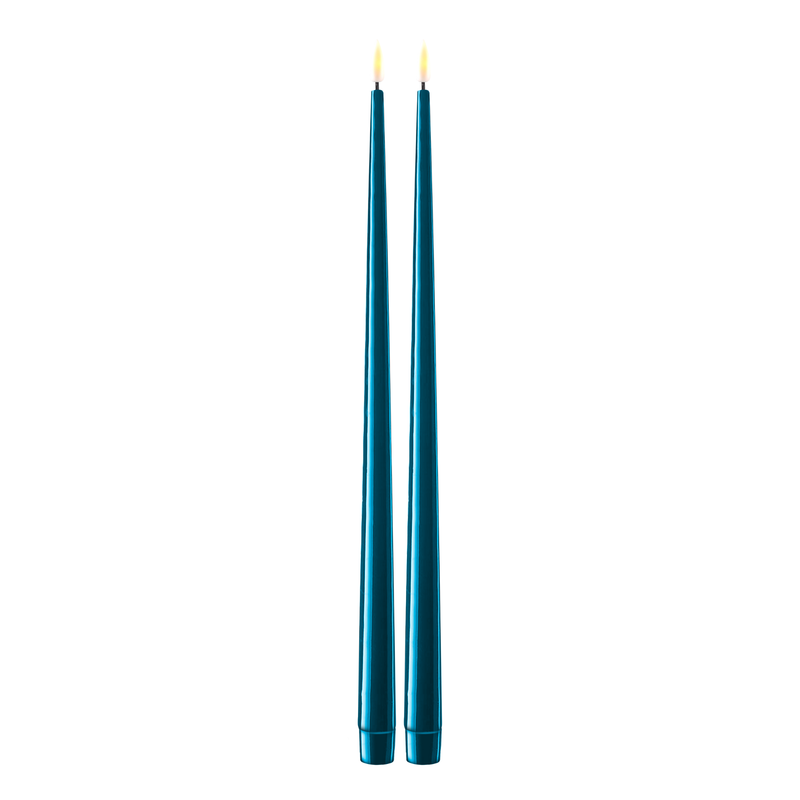 Flameless LED Petroleum Blue Set of 2 Shiny Tapered Dinner Candles